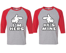 Load image into Gallery viewer, I'm Hers and He's Mine matching couple baseball shirts.Couple shirts, Red Grey 3/4 sleeve baseball t shirts. Couple matching shirts.