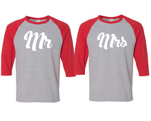 Load image into Gallery viewer, Mr and Mrs matching couple baseball shirts.Couple shirts, Red Grey 3/4 sleeve baseball t shirts. Couple matching shirts.