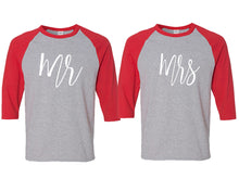 Load image into Gallery viewer, Mr and Mrs matching couple baseball shirts.Couple shirts, Red Grey 3/4 sleeve baseball t shirts. Couple matching shirts.