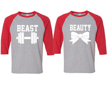 Load image into Gallery viewer, Beast and Beauty matching couple baseball shirts.Couple shirts, Red Grey 3/4 sleeve baseball t shirts. Couple matching shirts.