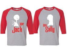 Load image into Gallery viewer, Her Jack and His Sally matching couple baseball shirts.Couple shirts, Red Grey 3/4 sleeve baseball t shirts. Couple matching shirts.