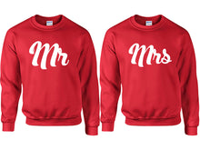 Load image into Gallery viewer, Mr and Mrs couple sweatshirts. Red sweaters for men, sweaters for women. Sweat shirt. Matching sweatshirts for couples