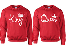 Load image into Gallery viewer, King Queen couple sweatshirts. Red sweaters for men, sweaters for women. Sweat shirt. Matching sweatshirts for couples