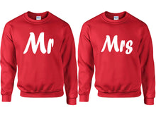 Load image into Gallery viewer, Mr and Mrs couple sweatshirts. Red sweaters for men, sweaters for women. Sweat shirt. Matching sweatshirts for couples