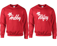 將圖片載入圖庫檢視器 Hubby and Wifey couple sweatshirts. Red sweaters for men, sweaters for women. Sweat shirt. Matching sweatshirts for couples