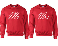 Load image into Gallery viewer, Mr and Mrs couple sweatshirts. Red sweaters for men, sweaters for women. Sweat shirt. Matching sweatshirts for couples