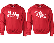 將圖片載入圖庫檢視器 Hubby and Wifey couple sweatshirts. Red sweaters for men, sweaters for women. Sweat shirt. Matching sweatshirts for couples