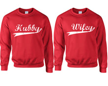 將圖片載入圖庫檢視器 Hubby Wifey couple sweatshirts. Red sweaters for men, sweaters for women. Sweat shirt. Matching sweatshirts for couples