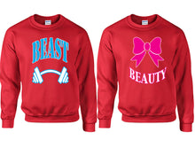 Load image into Gallery viewer, Beast Beauty couple sweatshirts. Red sweaters for men, sweaters for women. Sweat shirt. Matching sweatshirts for couples