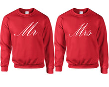 Load image into Gallery viewer, Mr and Mrs couple sweatshirts. Red sweaters for men, sweaters for women. Sweat shirt. Matching sweatshirts for couples