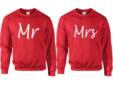 Load image into Gallery viewer, Mr and Mrs couple sweatshirts. Red sweaters for men, sweaters for women. Sweat shirt. Matching sweatshirts for couples