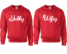 將圖片載入圖庫檢視器 Hubby and Wifey couple sweatshirts. Red sweaters for men, sweaters for women. Sweat shirt. Matching sweatshirts for couples