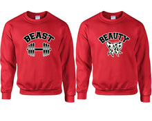 Load image into Gallery viewer, Beast and Beauty couple sweatshirts. Red sweaters for men, sweaters for women. Sweat shirt. Matching sweatshirts for couples