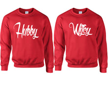 將圖片載入圖庫檢視器 Hubby and Wifey couple sweatshirts. Red sweaters for men, sweaters for women. Sweat shirt. Matching sweatshirts for couples