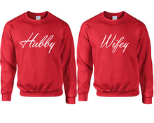 將圖片載入圖庫檢視器 Hubby and Wifey couple sweatshirts. Red sweaters for men, sweaters for women. Sweat shirt. Matching sweatshirts for couples