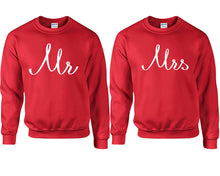 Load image into Gallery viewer, Mr and Mrs couple sweatshirts. Red sweaters for men, sweaters for women. Sweat shirt. Matching sweatshirts for couples