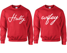 將圖片載入圖庫檢視器 Hubby Wifey couple sweatshirts. Red sweaters for men, sweaters for women. Sweat shirt. Matching sweatshirts for couples