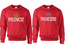 Load image into Gallery viewer, Prince Princess couple sweatshirts. Red sweaters for men, sweaters for women. Sweat shirt. Matching sweatshirts for couples