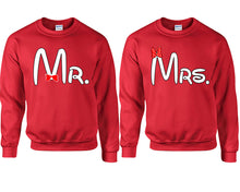 Load image into Gallery viewer, Mr Mrs couple sweatshirts. Red sweaters for men, sweaters for women. Sweat shirt. Matching sweatshirts for couples