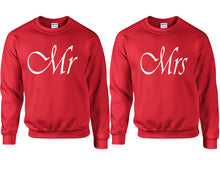 Load image into Gallery viewer, Mr and Mrs couple sweatshirts. Red sweaters for men, sweaters for women. Sweat shirt. Matching sweatshirts for couples