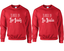 Load image into Gallery viewer, Blinded by Her Beauty and Blinded by His Muscles couple sweatshirts. Red sweaters for men, sweaters for women. Sweat shirt. Matching sweatshirts for couples