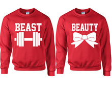 Load image into Gallery viewer, Beast Beauty couple sweatshirts. Red sweaters for men, sweaters for women. Sweat shirt. Matching sweatshirts for couples