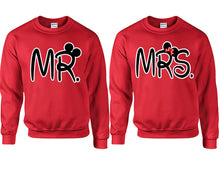 Load image into Gallery viewer, Mr Mrs couple sweatshirts. Red sweaters for men, sweaters for women. Sweat shirt. Matching sweatshirts for couples