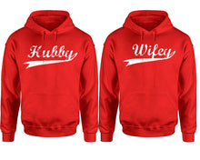 Load image into Gallery viewer, Hubby Wifey hoodie, Matching couple hoodies, Red pullover hoodies. Couple jogger pants and hoodies set.