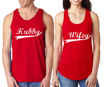 Load image into Gallery viewer, Hubby Wifey matching couple tank tops. Couple shirts, Red tank top for men, tank top for women. Cute shirts.