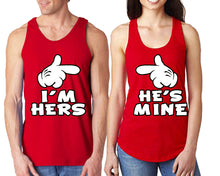 Load image into Gallery viewer, I'm Hers He's Mine matching couple tank tops. Couple shirts, Red tank top for men, tank top for women. Cute shirts.