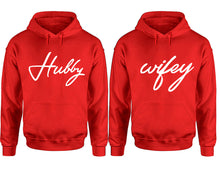 Load image into Gallery viewer, Hubby Wifey hoodie, Matching couple hoodies, Red pullover hoodies. Couple jogger pants and hoodies set.