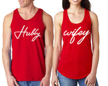 Load image into Gallery viewer, Hubby Wifey matching couple tank tops. Couple shirts, Red tank top for men, tank top for women. Cute shirts.