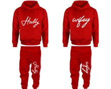 將圖片載入圖庫檢視器 Hubby and Wifey matching top and bottom set, Red hoodie and sweatpants sets for mens hoodie and jogger set womens. Matching couple joggers.