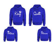 Load image into Gallery viewer, King Queen, Prince and Princess. Matching family outfits. Royal Blue adults, kids pullover hoodie.