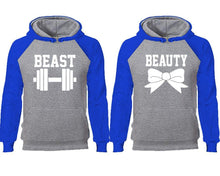 Load image into Gallery viewer, Beast Beauty couple hoodies, raglan hoodie. Royal Blue Grey hoodie mens, Royal Blue Grey red hoodie womens.