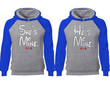 Load image into Gallery viewer, She's Mine He's Mine couple hoodies, raglan hoodie. Royal Blue Grey hoodie mens, Royal Blue Grey red hoodie womens.