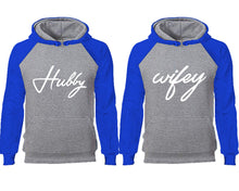 Load image into Gallery viewer, Hubby Wifey couple hoodies, raglan hoodie. Royal Blue Grey hoodie mens, Royal Blue Grey red hoodie womens.