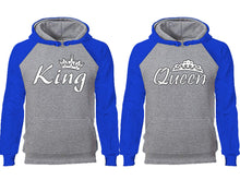 將圖片載入圖庫檢視器 King Queen couple hoodies, raglan hoodie. Royal Blue Grey hoodie mens, Royal Blue Grey red hoodie womens.