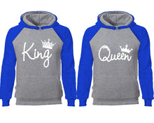 將圖片載入圖庫檢視器 King Queen couple hoodies, raglan hoodie. Royal Blue Grey hoodie mens, Royal Blue Grey red hoodie womens.