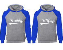 Load image into Gallery viewer, Hubby Wifey couple hoodies, raglan hoodie. Royal Blue Grey hoodie mens, Royal Blue Grey red hoodie womens.