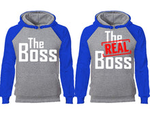 將圖片載入圖庫檢視器 The Boss The Real Boss couple hoodies, raglan hoodie. Royal Blue Grey hoodie mens, Royal Blue Grey red hoodie womens.