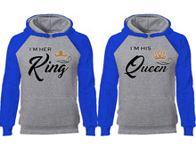 將圖片載入圖庫檢視器 King Queen couple hoodies, raglan hoodie. Royal Blue Grey hoodie mens, Royal Blue Grey red hoodie womens.