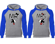 Load image into Gallery viewer, Mr Mrs couple hoodies, raglan hoodie. Royal Blue Grey hoodie mens, Royal Blue Grey red hoodie womens.