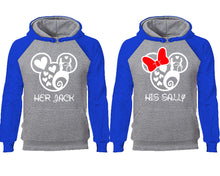 Load image into Gallery viewer, Her Jack and His Sally couple hoodies, raglan hoodie. Royal Blue Grey hoodie mens, Royal Blue Grey red hoodie womens.