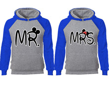 Load image into Gallery viewer, Mr Mrs couple hoodies, raglan hoodie. Royal Blue Grey hoodie mens, Royal Blue Grey red hoodie womens.
