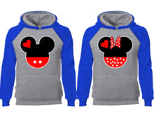 將圖片載入圖庫檢視器 Mickey Minnie couple hoodies, raglan hoodie. Royal Blue Grey hoodie mens, Royal Blue Grey red hoodie womens.