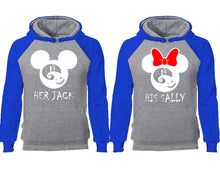 Load image into Gallery viewer, Her Jack and His Sally couple hoodies, raglan hoodie. Royal Blue Grey hoodie mens, Royal Blue Grey red hoodie womens.