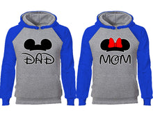 Load image into Gallery viewer, Dad Mom couple hoodies, raglan hoodie. Royal Blue Grey hoodie mens, Royal Blue Grey red hoodie womens.