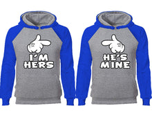 Load image into Gallery viewer, I'm Hers He's Mine couple hoodies, raglan hoodie. Royal Blue Grey hoodie mens, Royal Blue Grey red hoodie womens.