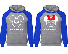 Load image into Gallery viewer, Her Jack and His Sally couple hoodies, raglan hoodie. Royal Blue Grey hoodie mens, Royal Blue Grey red hoodie womens.